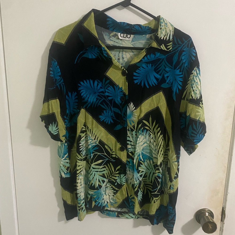 Vintage Clio Blue Green Hawaiian Medium Button Up